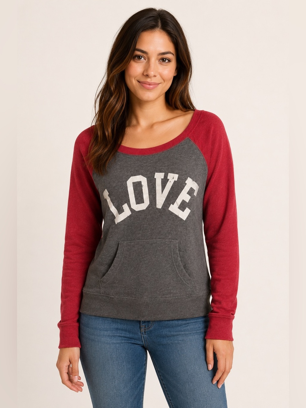 Green Sleeved Womens Small LOVE Sweatshirt Gray Red Raglan Kangaroo Pocket